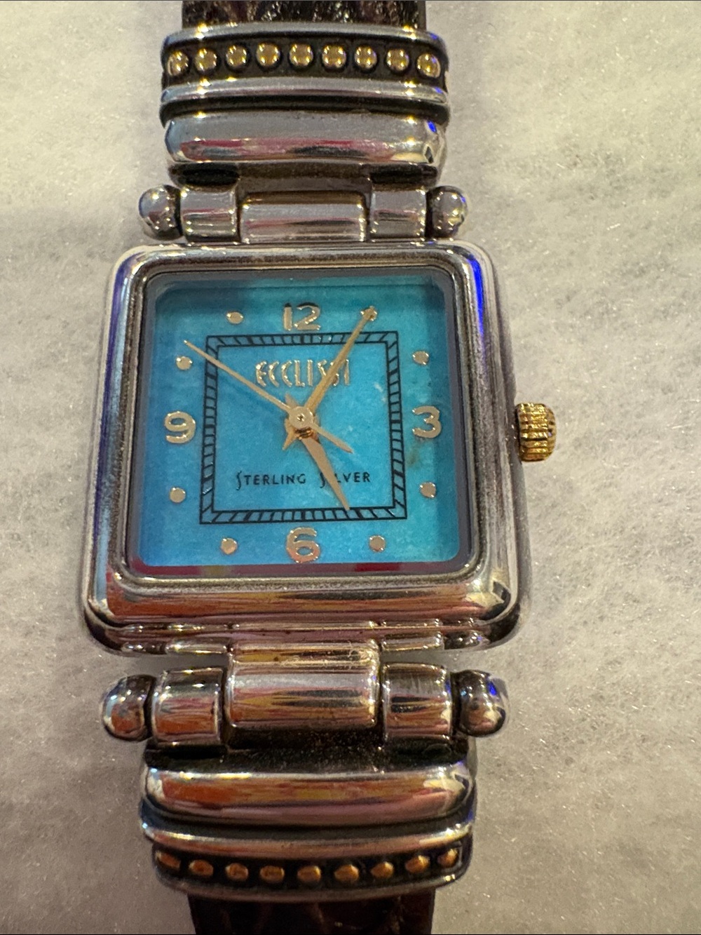 Sterling Silver Women's Watch with Turquoise Dial and genuine leather strap